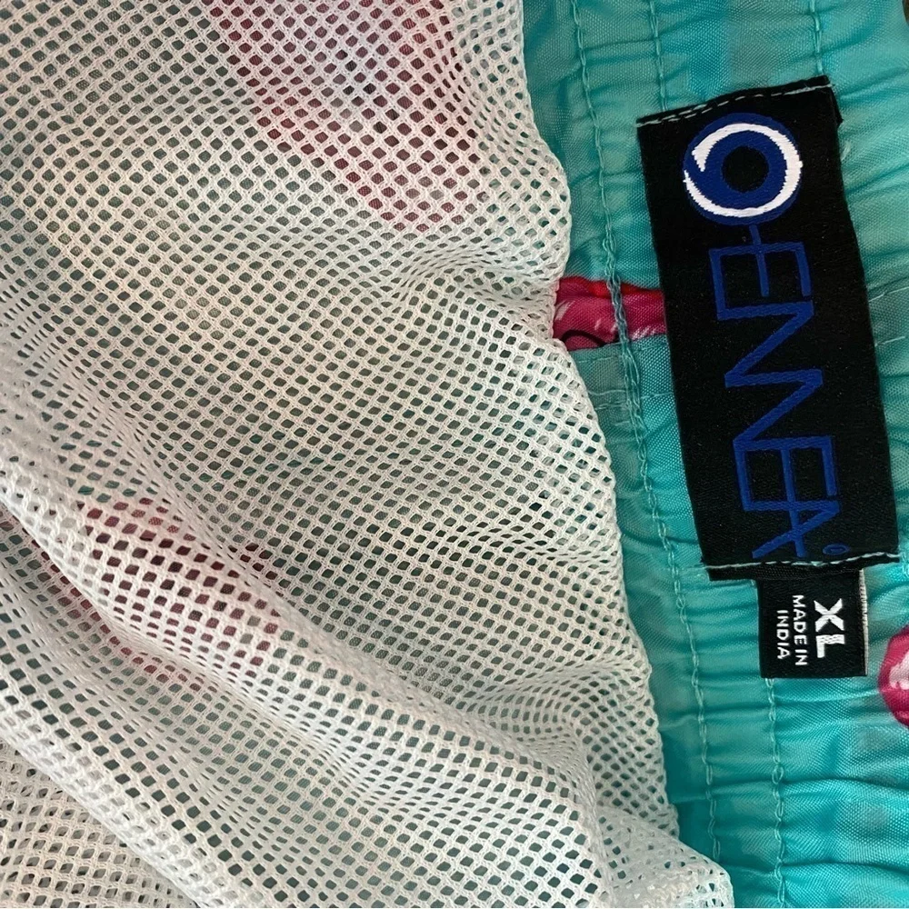 Oennea Mens Swim Trunks Aqua with Pink Flamingos - XL